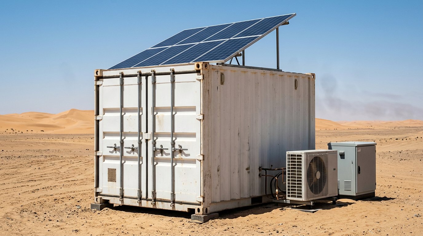 Off-grid container laboratory for mining and ore analysis with solar array, air-conditioning and power cabinet