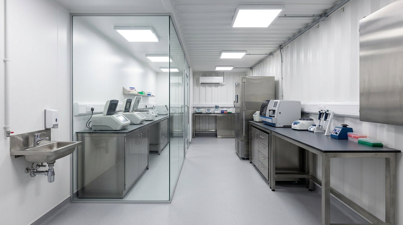 Molecular biology PCR container laboratory with glazed clean room, real-time PCR instruments and grey PVC floor